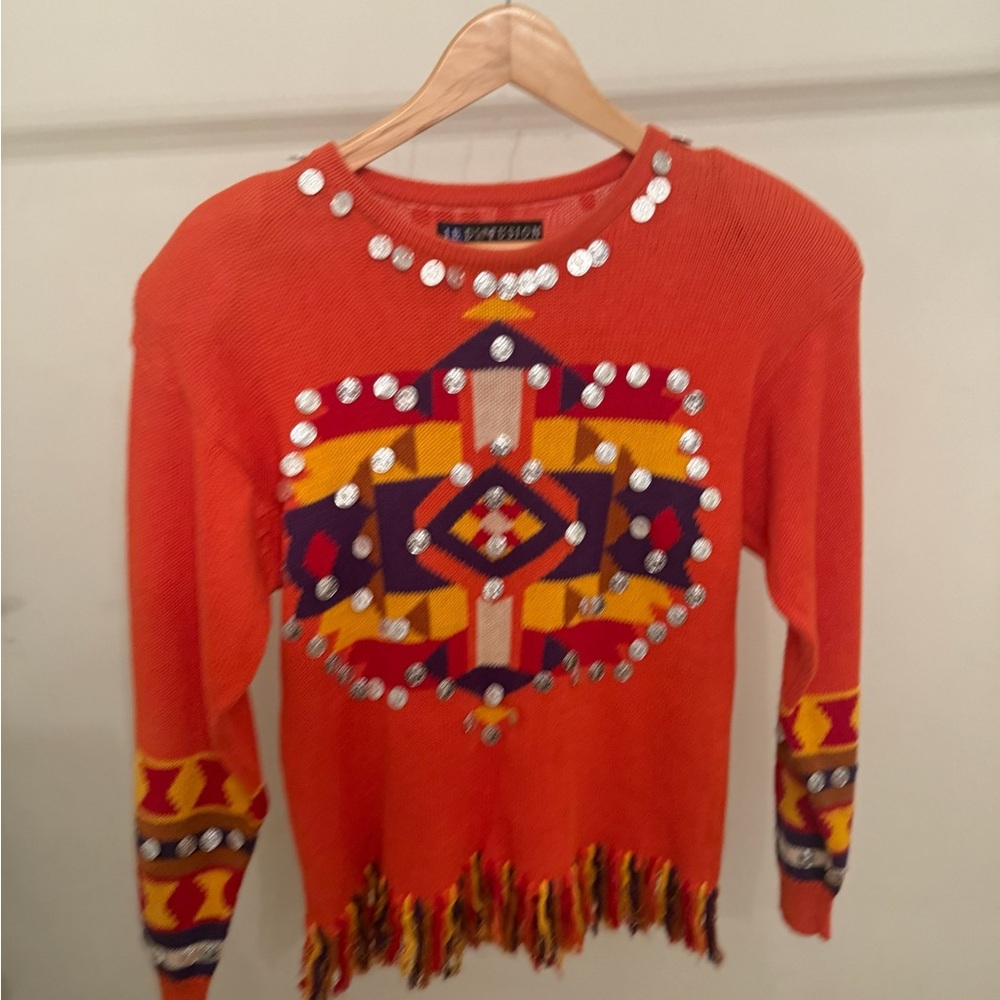 Vibrant Orange Geometric Sweater with Fringe